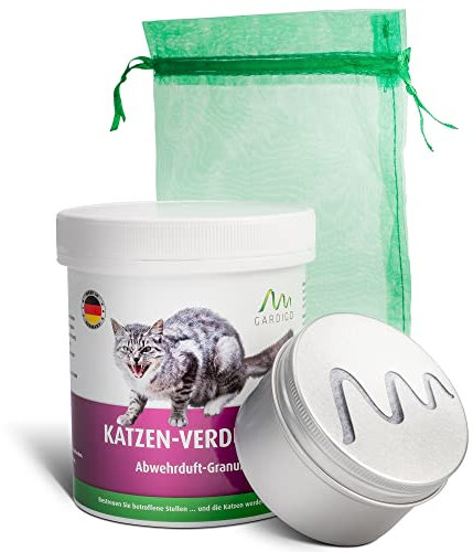 GARDIGO® Katzenschreck Granulat - Katzen-Verdufter Set mit Organza-Säckchen und Metalldose I 300g I Mit Geraniol I Made in Germany I Katzenabwehr für Haus und Garten I Katzenvertreiber für draußen