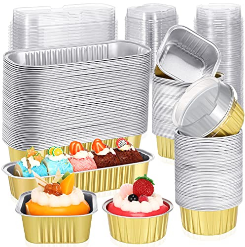 Rtteri 150 Pcs Mini Cake Pans with Lids Disposable Ramekins 6.8 oz 5 oz Aluminum Foil Cupcake Baking Cups, Rectangle Round Square Cupcake Liners Cake Tins for Flan Muffin Dessert Party Favors, Gold