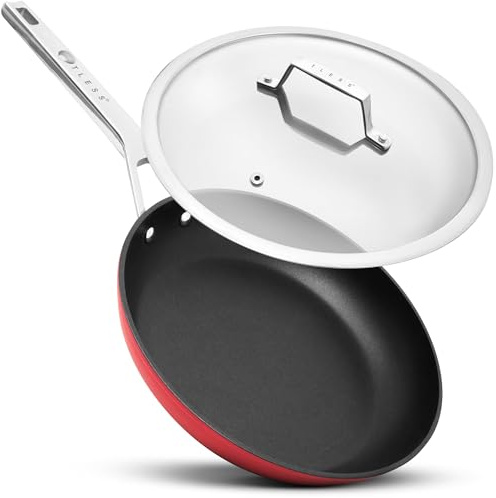 TLESS® Sartén con tapa apta para horno de 28 cm de diámetro, sartén y sartén universal para inducción, muy resistente y apta para lavavajillas, sartén recubierta en color rojo