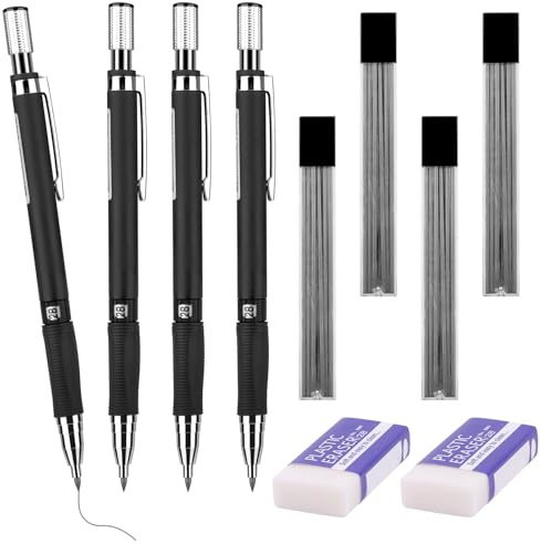 Tikplus Lot de 4 porte-mines 2,0 mm, 4 tubes (32 pièces) de mine HB et 2 gommes, crayon mécanique pour croquis, dessin, écriture