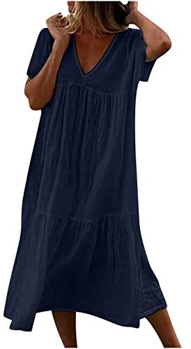 Femmes Robe Cotton en Line Chic et Elegant l'église Décontractée à Manches Courtes Vêtements Femme Chic et Elegant Chemise Imprimé Décontractée Maxi Robes de Plage avec poches Longue Linen Dress