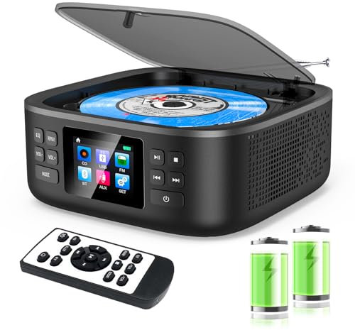 Reproductor de CD Portátil, Reproductor de CD Boombox con Bluetooth, Mando a Distancia, Radio FM, Altavoz Estéreo Dual Integrado, Soporte USB/Entrada de Auriculares AUX para Coche/Hogar