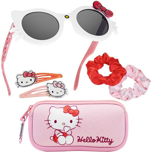 Get Trend Hello Kitty Set Gafas de Sol Niña con Protección UV y Accesorios para el Pelo con Bolsa Pequeña Coleteros Pelo Horquillas Pelo (Rosa Hello Kitty)