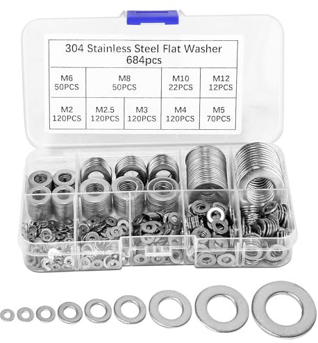 Flache Unterlegscheiben Set Edelstahl 684 Stück mit Sortimentskasten Insgesamt 9 Verschiedene Größen M2 M2.5 M3 M4 M5 M6 M8 M10 M12 Flach Sicherungsscheiben Karosseriescheiben für Schrauben Muttern