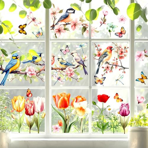 Scettar 9 Blätter Fensterbilder Frühling Fensterbilder Kinder 36 pcs Fenstersticker Wiederverwendbar Fensterfolie Muster für Fensterfolie Kinderzimmer DIY Frühling Deko
