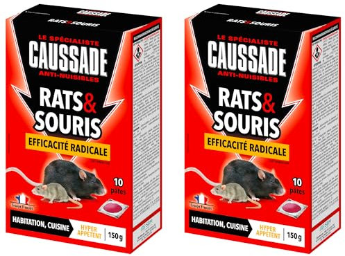 Caussade Anti Rats & Souris - Efficacité Radicale - Lieux Secs & Humides - 20 Sachets Pâtes - Prêt à l'emploi - Une Ingestion Suffit - 2x150g CARSPTDF150NX2