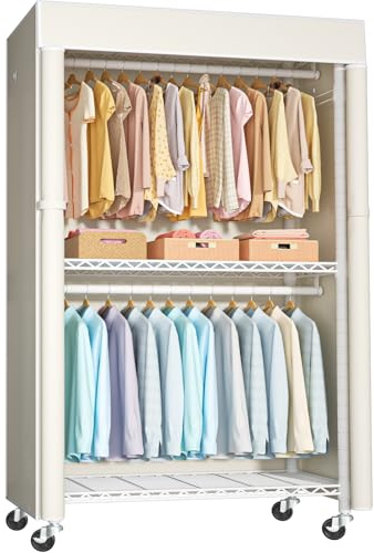 FUTASSI White Clothing Rack with Beige Cover, P1C Rolling Closets with Wheels, Metal Garment Rack for Hanging Clothes, Clothing Storage Wardrobe, 36.2 W x 16.5 D x 80.5 H, Load 450 Pounds