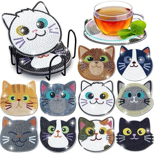 CAYUDEN DIY Pintura Diamantes con Soporte, 10 piezas Gato Kit de Manualidades Adultos con Herramientas 5D Diamond Painting Posavasos Originales para Bebidas de Bar, Principiantes, Adultos y Niños