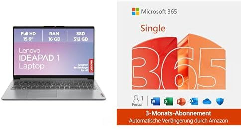 Lenovo IdeaPad 1 Laptop | 15.6 Full HD Display | AMD Ryzen 5 | AMD Radeon Grafik | 16GB RAM | 512GB SSD | Windows 11 Home | QWERTZ | Grau | 3 Monate Premium Care | Microsoft 365 Single 3 Monate