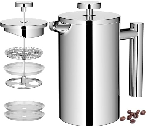 Miuly 21 oz Stainless Steel French Press 600ML Coffee Press with 3 Level Filtration System, Double Wall Insulated French Press with 2 Filters for Home or Office, Silver