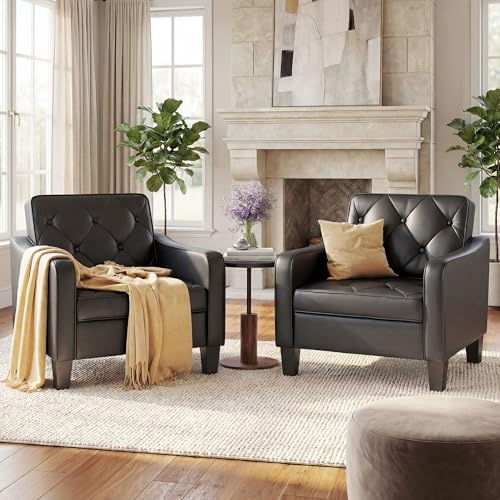 STHOUYN Living Room Chairs Black Leather Accent Chairs Set of 2, Waiting Room Arm Chairs, Reading Chairs for Bedroom Comfy Club Chair Tufted, Office Small Space (2, Black)
