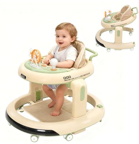Baby Lauflernhilfe, 3 in1 Baby Walker Höhenverstellbar, Überrollsicherer Lauflernwagen mit Leisen 360°-Laufrädern, herausnehmbarer Esstablett, Licht und Spielcenter von 9 bis 18 Monaten(Grün)