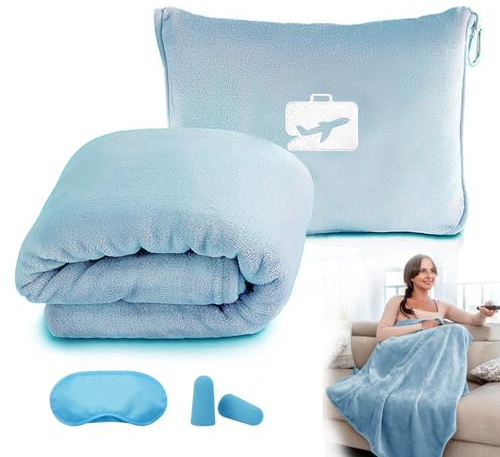 Megcdtr Coperta da viaggio e cuscino, ultra morbida, 2 in 1, coperta aerea con maschera per gli occhi e tappi per le orecchie, coperta da viaggio portatile con federa, ideale per lunghi voli, ufficio
