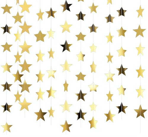 65 Feet Reflective Star Paper Garland - Sparkling Stars Bunting Banner Hanging Decoration,Glitter Gold Star Garland Hanging Banner for Birthday Holiday Wedding Anniversary Theme Party Supplies (Gold)