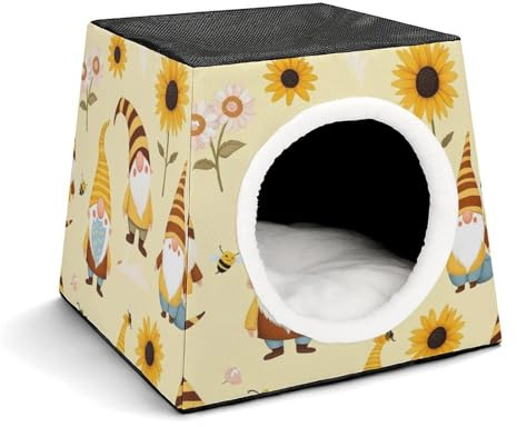 Calming Small Dog Bed for Small Dogs with Cover Cave Honey Bees Cute Gnome Sunflower Floral (1) Soft Warm Outdoor Cat House with Non-Slip Bottom