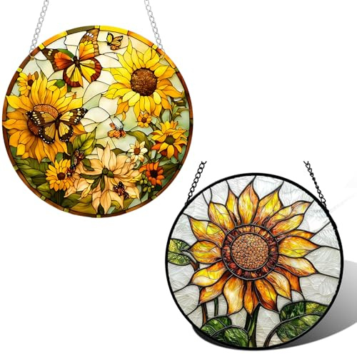THXFUNAREA Acchiappasole Vetrata Colorata 2 Pezzi Decorazione Finestra 15cm Suncatcher Rotondo Girasole Farfalla Decorazione Casa