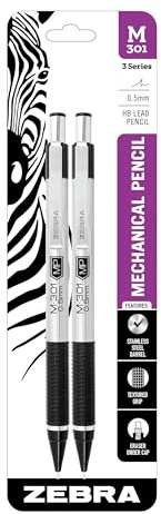 Zebra Pen M-301 Mechanical Pencil, Stainless Steel Barrel, Fine Point, 0.5mm, Black Grip, 2 Count (Pack of 1) | Stainless Steel Barrel, Textured Grip, Lightweight Design, Built-In-Eraser, Refillable, Office and School Supplies (54012)