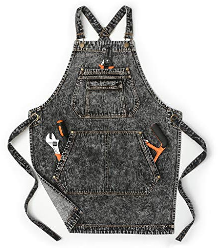 Jeanerlor - Baumwoll-Denim-Künstlerschürze mit Taschen, Kreuzgurten & verstellbar – Schwarz – Größe L