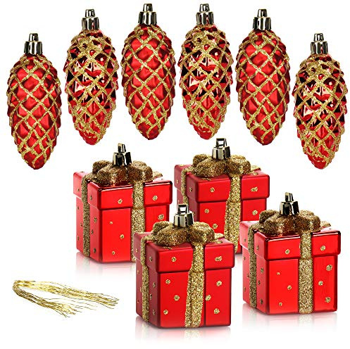 COM-FOUR® 10-teiliges Christbaumanhänger-Set, bruchfester Weihnachtsbaumschmuck in Form von Zapfen & Geschenken, tolle Weihnachtsdekoration