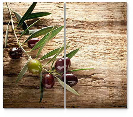 DEQORI Herdabdeckplatten Glas | 2er Set 60x52 cm | Motiv Dekorativer Olivenzweig | Ceranfeld Abdeckplatten in Küche | Herd-Abdeckungen universal | Glasplatten & Schneidebretter für Kochplatte