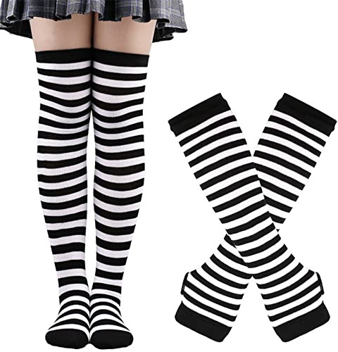Thajaling Calzini da donna, guanti senza dita a righe Set di calzini alti fino al ginocchio,ragazze Cosplay a strisce calze lunghe guanti buco per Halloween (Nero/Bianco)