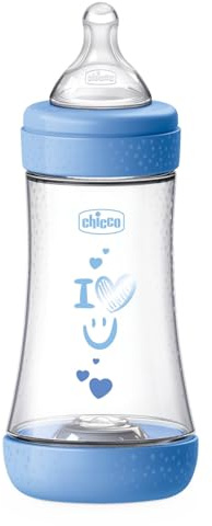 Chicco PERFECT 5 Biberon Anticolica da 240 ml, Biberon Flusso Medio da 2 Mesi + con Tettarella in Morbido Silicone, Biberon simil seno materno, Biberon anticolica per allattamento misto, Blu