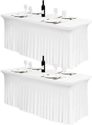 FXKS 2 Faldas de Mesa de Spandex, 183 x 76 cm, Color Blanco, elástico, con Falda, Lavable, para mesas rectangulares de 6 pies, Cubierta de Mesa retráctil para Bodas, Banquetes y ferias