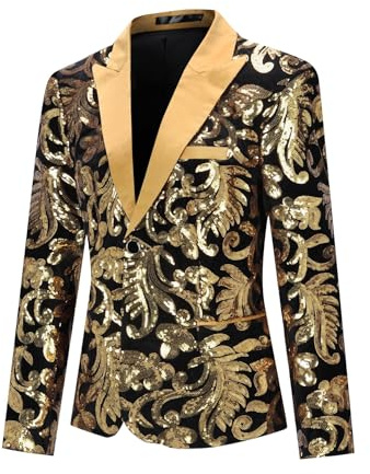 YYNUDA Blazer de lentejuelas para mujer, informal, de manga larga, con purpurina, estampado floral, para fiestas, bailes, dorado, L