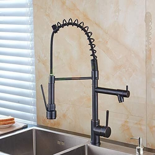 Kitchen Sink Faucet for Bar Farmhouse Commercial, Black Brass Spring Type Kitchen Faucets,Fixed Support 360 Rotate Kitchen Button Dual Spout Crane Sink Mixer Taps(Color:Black,Size:With hose size 3-8)