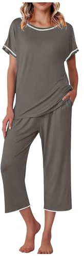 FNKDOR 3/4 Shorts for Women UK Pajamas 2 Two-Piece Set V Neck Short Sleeve Shirt and Capri Pants Tracksuits Drawstring Home Sleepwear Set Cropped Pants Comfy Yoga Shorts with Pocket(B Grey,L)