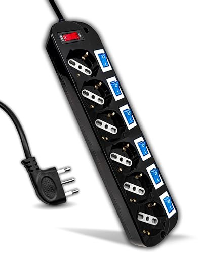 V-TAC Multipresa Elettrica Nera con Interruttori Indipendenti - 6 Prese 10/16A Bipasso + Schuko - Spina 16A - Ciabatta Multipresa - Presa Elettrica per Casa, Ufficio, Negozio - Colore Nero