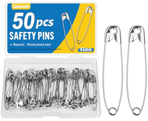 Caianwin 50 PCS Safety Pins 45mm Safety Pins Large with Practical Box Big Safety Pin for Clothes, Fastening and Sewing Clothes and Handicrafts, Jewellery Making
