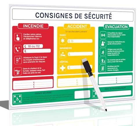 Consignes de sécurité, incendie et évacuation - grand format (A3), ultra-visible pour ateliers, usines, garages –Conforme au code du travail, résistant aux intempéries, adhésifs inclus (A3)