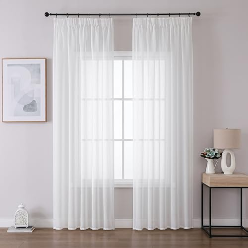 Joydeco Juego de 2 cortinas largas con cinta fruncidora (220 x 140 cm), color blanco, translúcidas, de poliéster, modernas, para dormitorio, salón