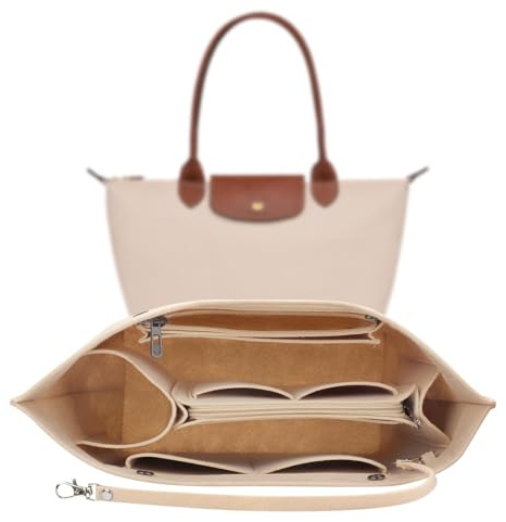 ZOLGINAH Organizador de Bolsos de Mujer Fieltro para Longchamp, Bag Organizer Insert Bolsillos Interiores Almacenar Cosméticos, con Compartimento Extraíble, Llavero (Beige, L)