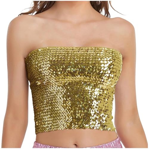 Haut tube sans bretelles pour femme 2025 dos nu - Haut tube tendance à paillettes - Épaules dénudées - Bustier de plage Y2K - Haut bandeau de vacances, doré, S