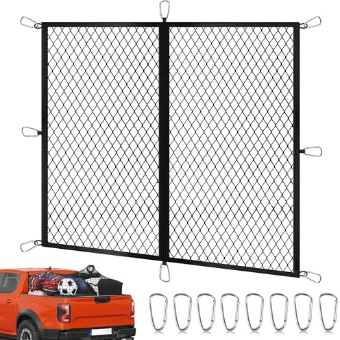 Cargo Net for Pickup Truck Bed 4'×4' Stretches to 7'×7', Highly Elastic Truck Bed Net with Fine Mesh & 8 Strong Metal Carabiners, Easy to Install Cargo Netting for Vehicles, Trailers, Boats