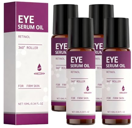 Retinol ögonserumrulle med 360° kylande massageball, ögonserum mot mörka ringar och svullnad, snabbt absorberande roll-On olja för fina linjer, uppstramande ögonvård (4 st)