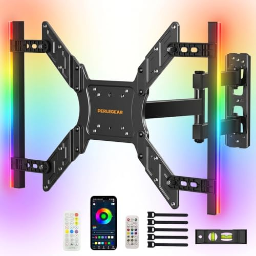 Perlegear Full Motion Supporto TV Parete Luci LED 25–65'' 45 kg, Supporto TV Inclinazione, Rotazione ed Estensione, Staffa TV Retroilluminato con Sync Musicale, VESA max 400x400mm, PGTVM79B
