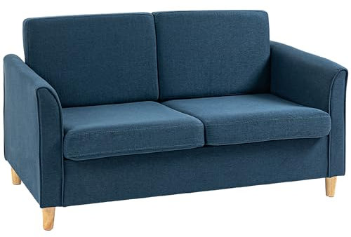 HOMCOM 2 Seater Sofa, Compact Loveseat, Linen Upholstered Couch with Wood Legs and Armrest, Small Sofa for Living Room and Home Office Blue