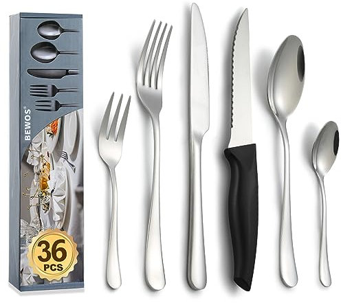 BEWOS Servizio di posate per 6 persone, set di posate in acciaio inox da 36 pezzi con coltelli da bistecca, inclusi coltello, forchetta, cucchiaio, lucidati a specchio e lavabili in lavastoviglie