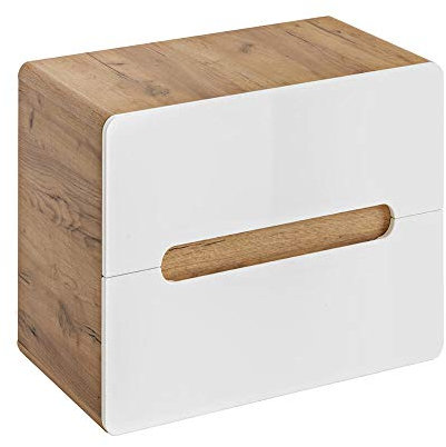Lomadox Badmöbel Waschbeckenschrank Waschtisch-Unterschrank 60cm Hochglanz weiß mit Wotaneiche, 2 Softclose-Schubkästen, B/H/T 60/53/46 cm