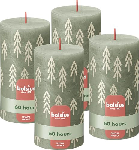 Bolsius Rustic Pillar Candles Silhouette - Green with Print - Pack of 4-13 x 7 cm - Long Burning Time 60 hours - Household Candle - Includes Natural Vegan Wax - Without Palm Oil - Christmas Decoration