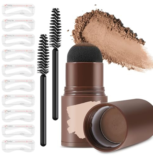 Apooliy Augenbrauenstempel-Schablonenset mit 10 Augenbrauenschablonen, 2 Pinseln, langanhaltendem Augenbrauenpuder, wasserfest und wischfest Hellbraun