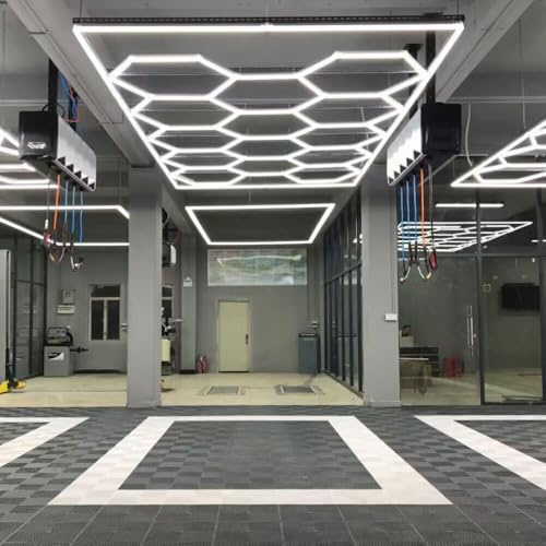 XAEIOW 14pcs Hexagon Waben LED Licht mit Rahmen, Super helle reine weiße LED Garage Werkstatt Werkstatt Beleuchtung für Keller, Lager, Auto Schönheitssalon, Auto Detailing Shop, Haus, Büro