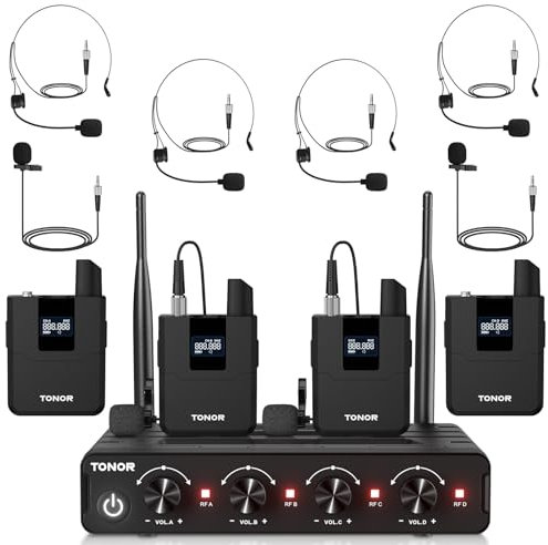 TONOR Set de Micrófono Inalámbrico UHF con 4 Transmisores Bodypack/Headset/Lavalier, 4x5 Frecuencias, Alcance de 60m para Canto, Karaoke, Iglesia, DJ, Sistema de PA y Altavoces, TW364
