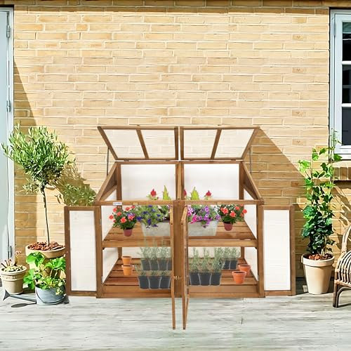 Lendo Online Serre de Jardin pour Fleurs Légumes Fruits - Mini Serre en Bois - Châssis de Jardin avec Toiture à 2 ou 4 Pans - Bois d'épicéa et Polycarbonate (120x49x97,5cm (Marron))
