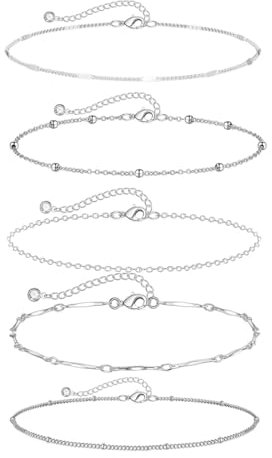 EWOECUI Lot de 5 Bracelets de Cheville Boho, Chaîne en Argent Multicouche, Accessoires de Plage Réglables, Bijoux de Pied pour Femmes