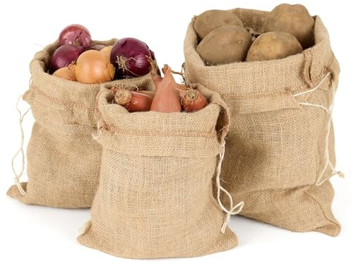 La Cordeline 3 sacchetti di tela iuta naturale per conservazione, conservazione delle verdure, patate cipolle, con cordo, serraggio, 3 pezzi