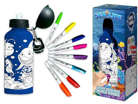 Splat Planet Decorate Your Own Water Bottle, Colour-in Your own Water Bottle. Gift for Kids, Water Bottles for Kids 600ml (Sea Life)